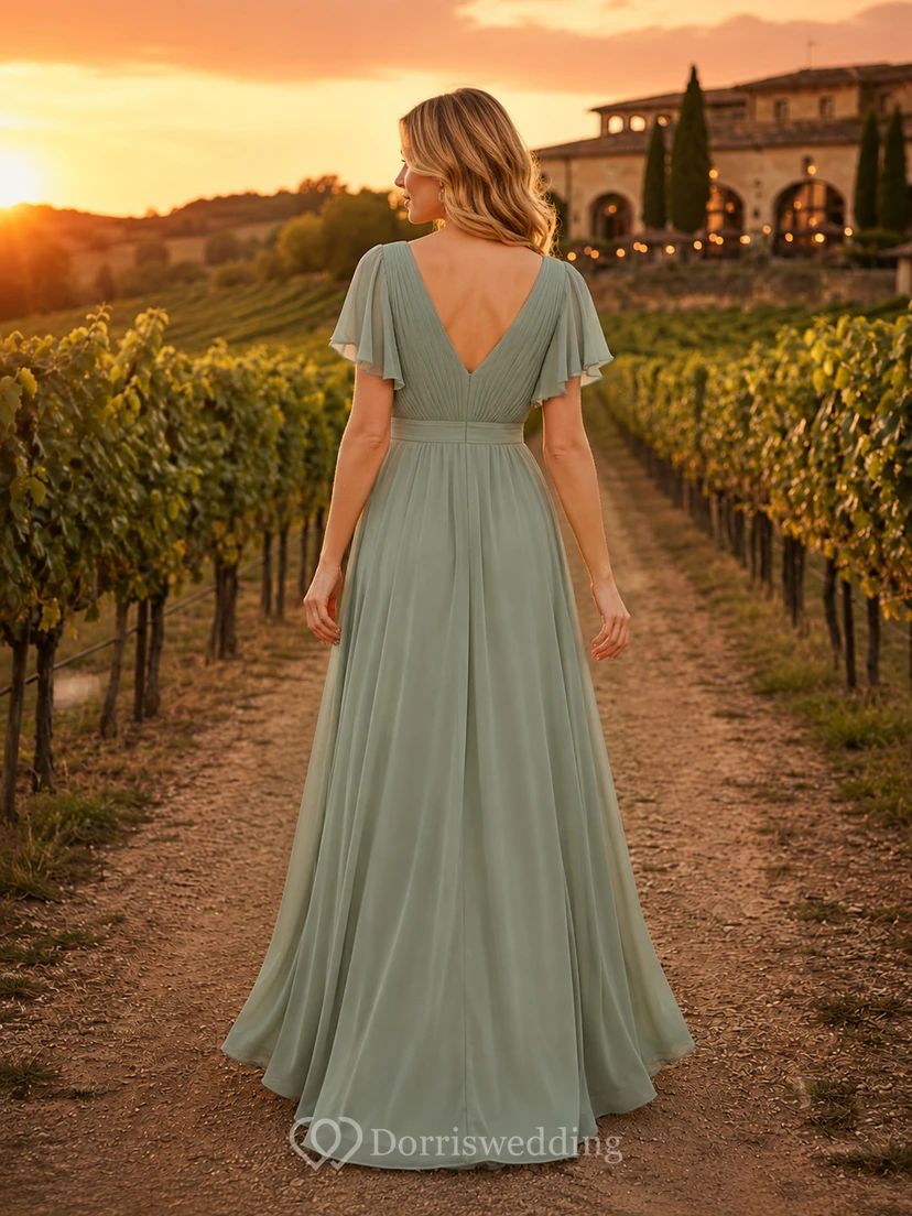 Sage Chiffon A-Line V-Neck Flutter Sleeve Pleated Low Back Floor-Length Bridesmaid Dress view 2