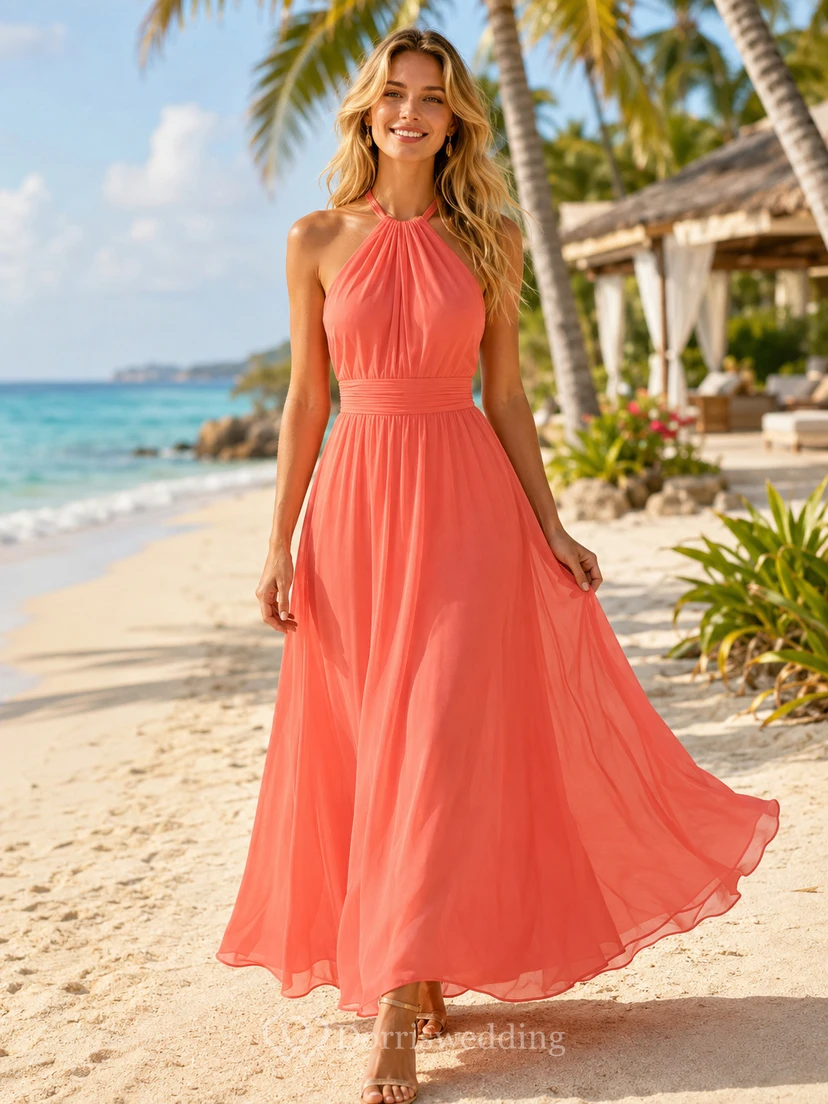 Robe longue plissée corail à col halter et nouer, style tropical, idéale pour les vacances.