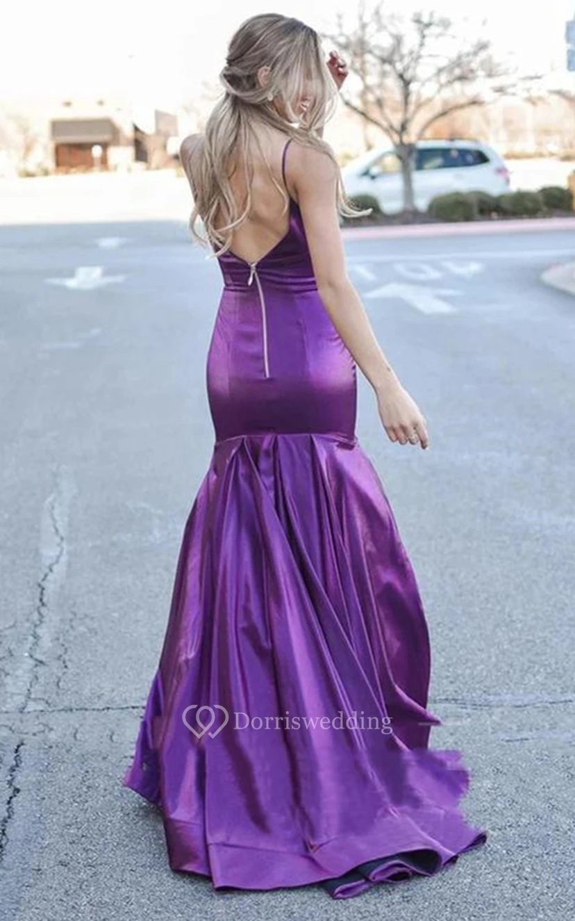 Sleeveless Mermaid Satin Prom Dress with Ruching and Train view 2