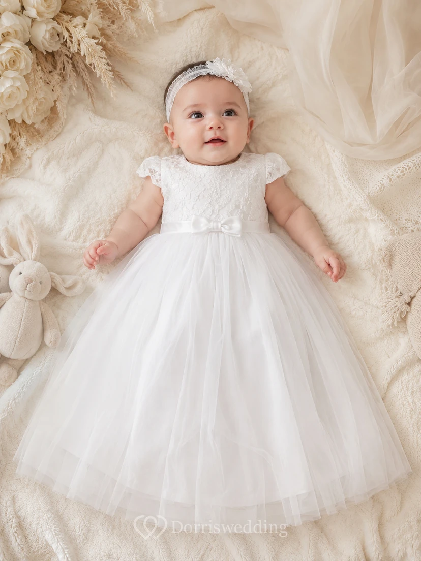 Cap Sleeve Baptism Dress A-Line Tulle Lace Jewel Neck Tea-Length Bow Back