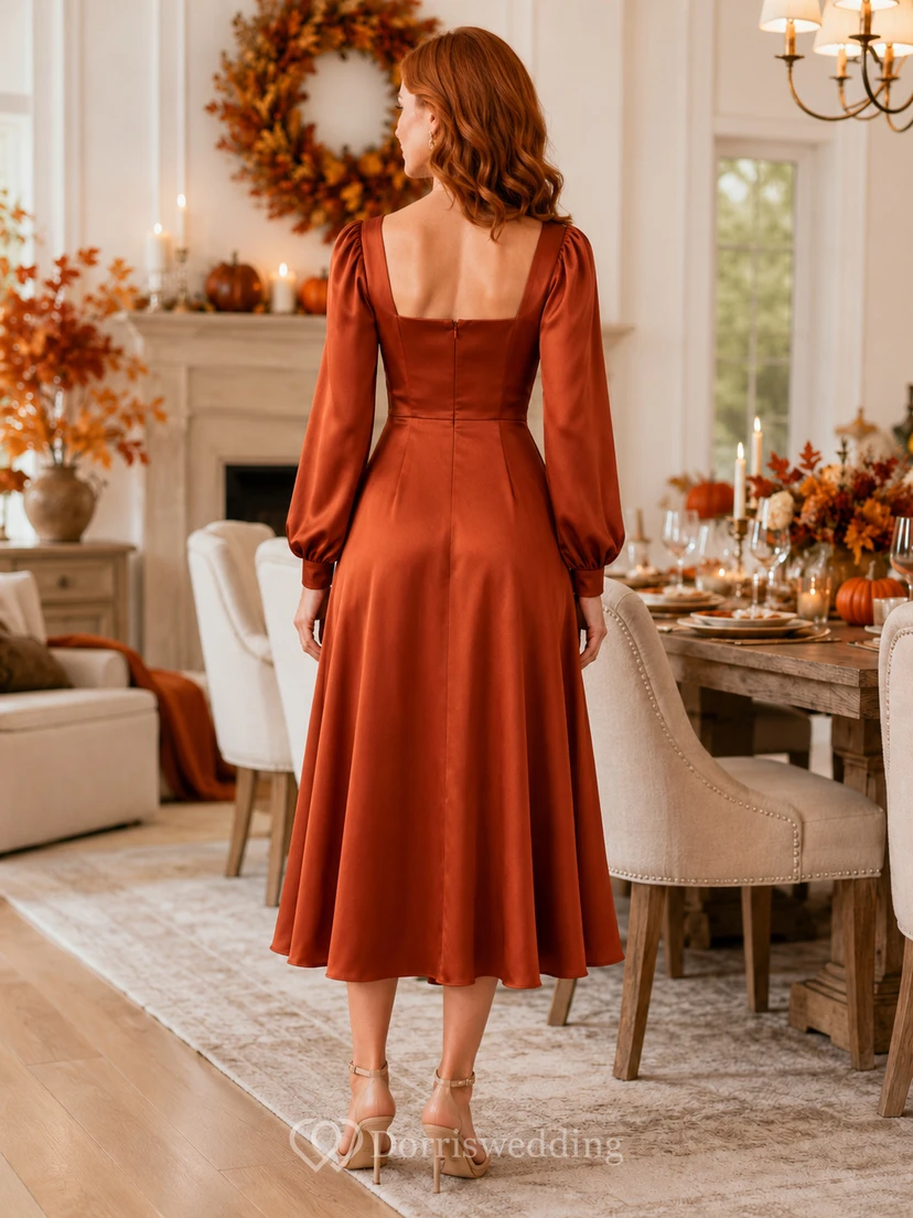 Robe de Thanksgiving en satin rouille à manches longues et coupe trapèze view 2