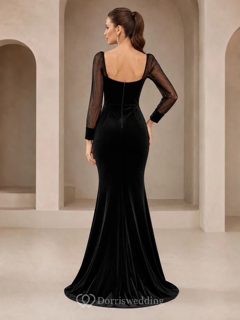 Robe de soirée sirène en velours noir sexy à manches longues illusion et décolleté cœur view 2