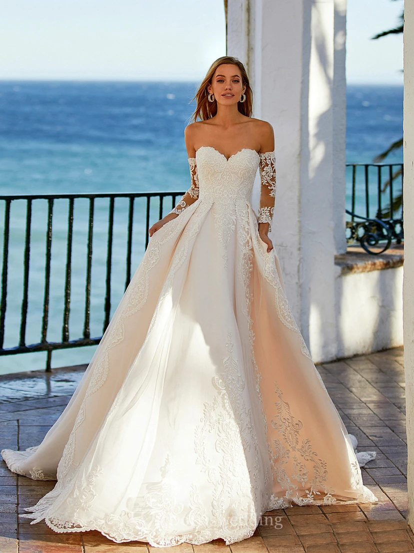 Off-the-shoulder Illusion Long Sleeve Ball Gown Lace Wedding Dress