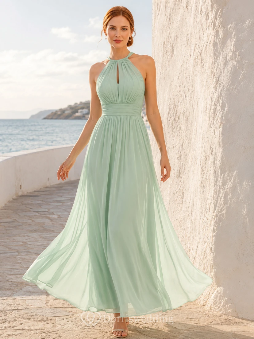 Mint green halter pleated chiffon floor length beach bridesmaid dress