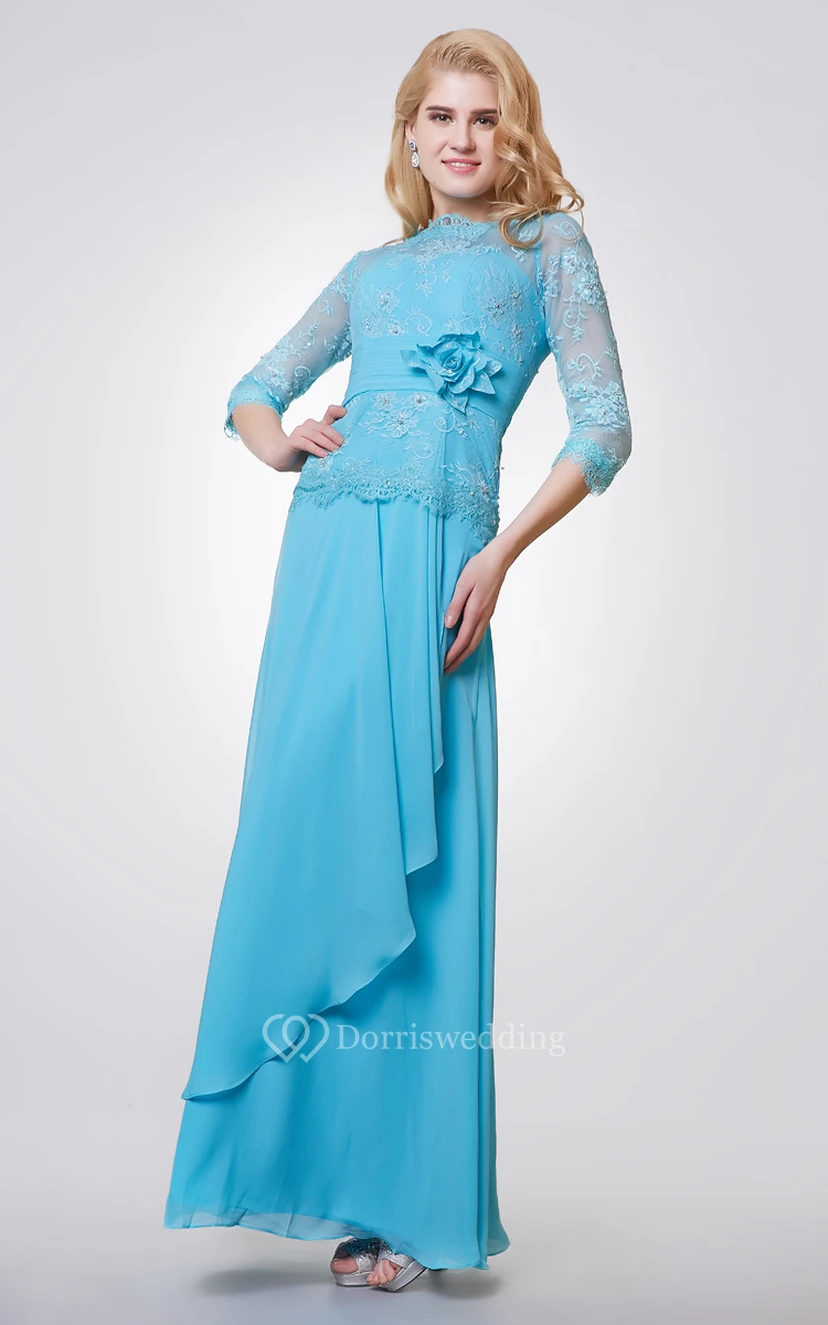 Langes Chiffon- und Spitzenkleid mit 3-4-langen Ärmeln und seitlicher Drapierung view 2
