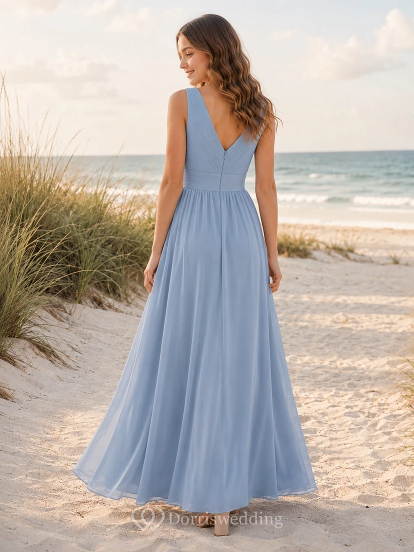 Stahlblaues Brautjungfernkleid für junge Damen, A-Linie, V-Ausschnitt, ärmellos, mit Falten, romantisch view 2