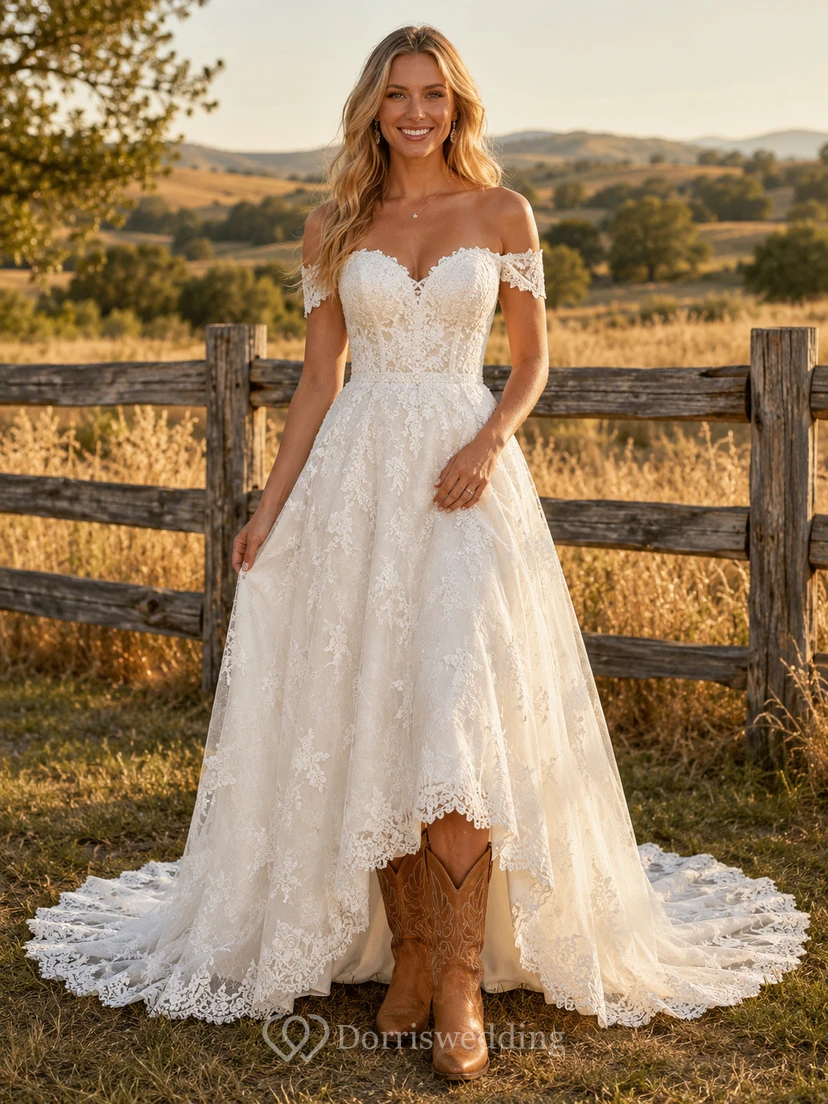 Robe de mariée bohème de maternité, col V, manches longues cloche, dentelle et tulle, style champêtre avec traîne