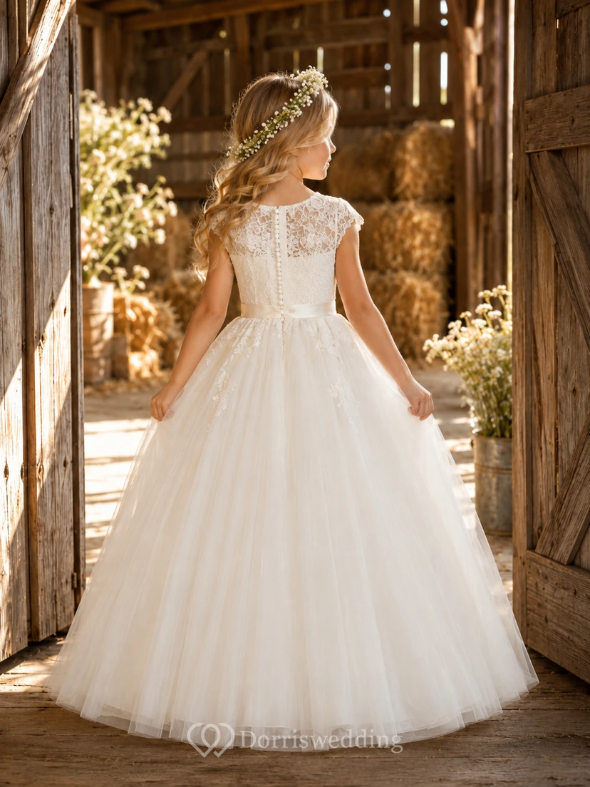 A-Line Flowergirl Lace Tulle Floor-Length Cap Sleeve Floral Applique Rustic Country Wedding Dress view 2