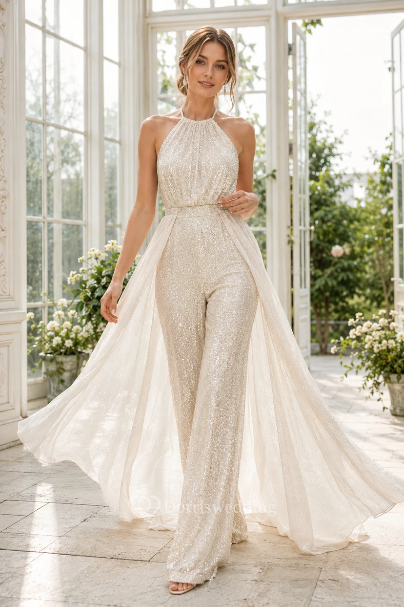 Combinaison de mariée ivoire à sequins et dos nu avec surjupe en tulle