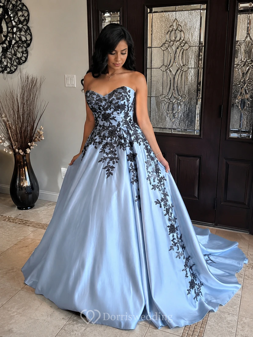 A-Line Floor-Length Sweetheart Appliques Chapel Train Zipper Corset Back Lace Satin Dress view 10