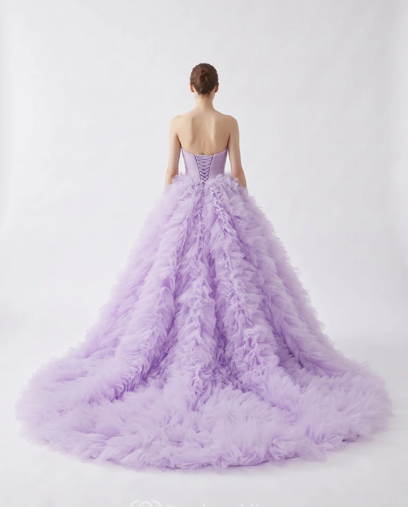 Lilac Ruffle Tulle Ball Gown Quinceanera Strapless Prom Dress with Dramatic Train view 2