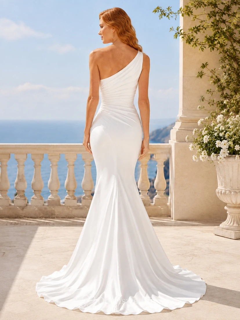 Mermaid One-Shoulder Ruched Satin Court Train Simple Destination Wedding Gown view 2