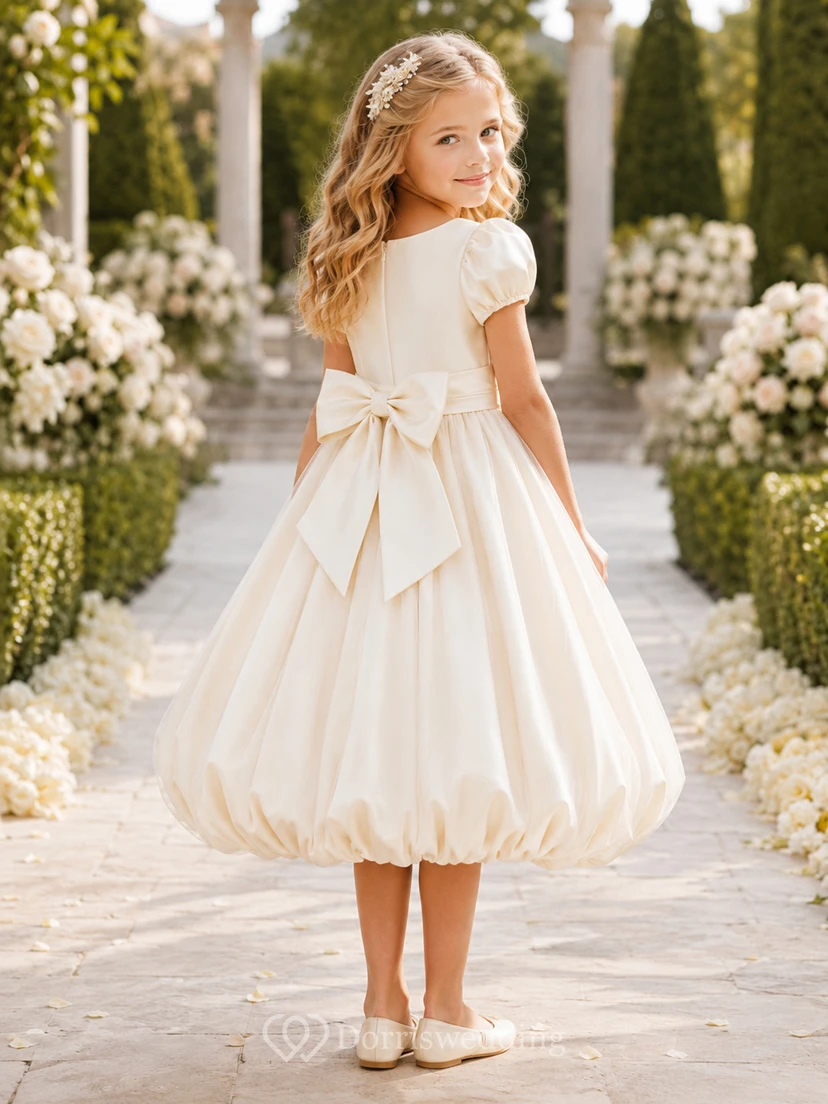 Vestido de niña de flores de satén color marfil con bajo abullonado, corte en A, manga corta, cuello redondo, largo hasta la rodilla, ideal para ceremonias en el jardín. view 2