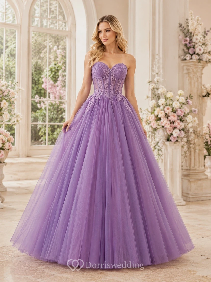 Lavender Tulle Strapless Sweetheart Ball Gown Floor Length Quinceanera Dress