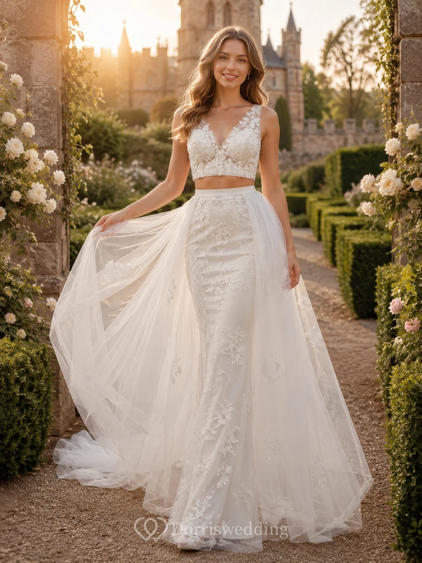 Robe deux pièces style jardin de château, haut en dentelle et jupe en tulle