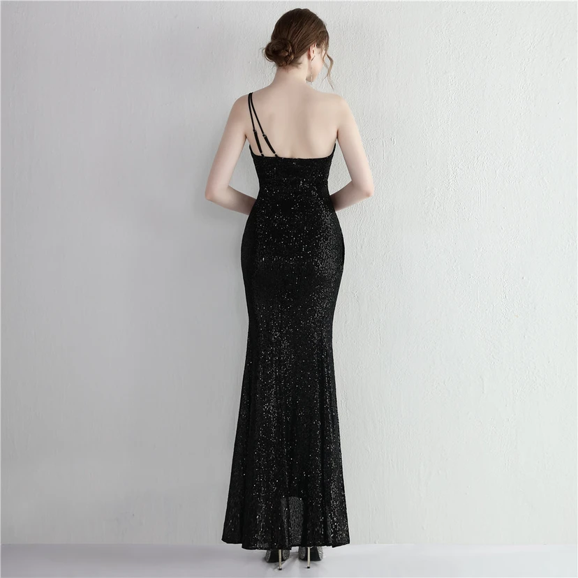 Sequined One-Shoulder Celebrity Cold Banquet Slit Long Sequin Aura Queen Dinner Fishtail Dress view 93