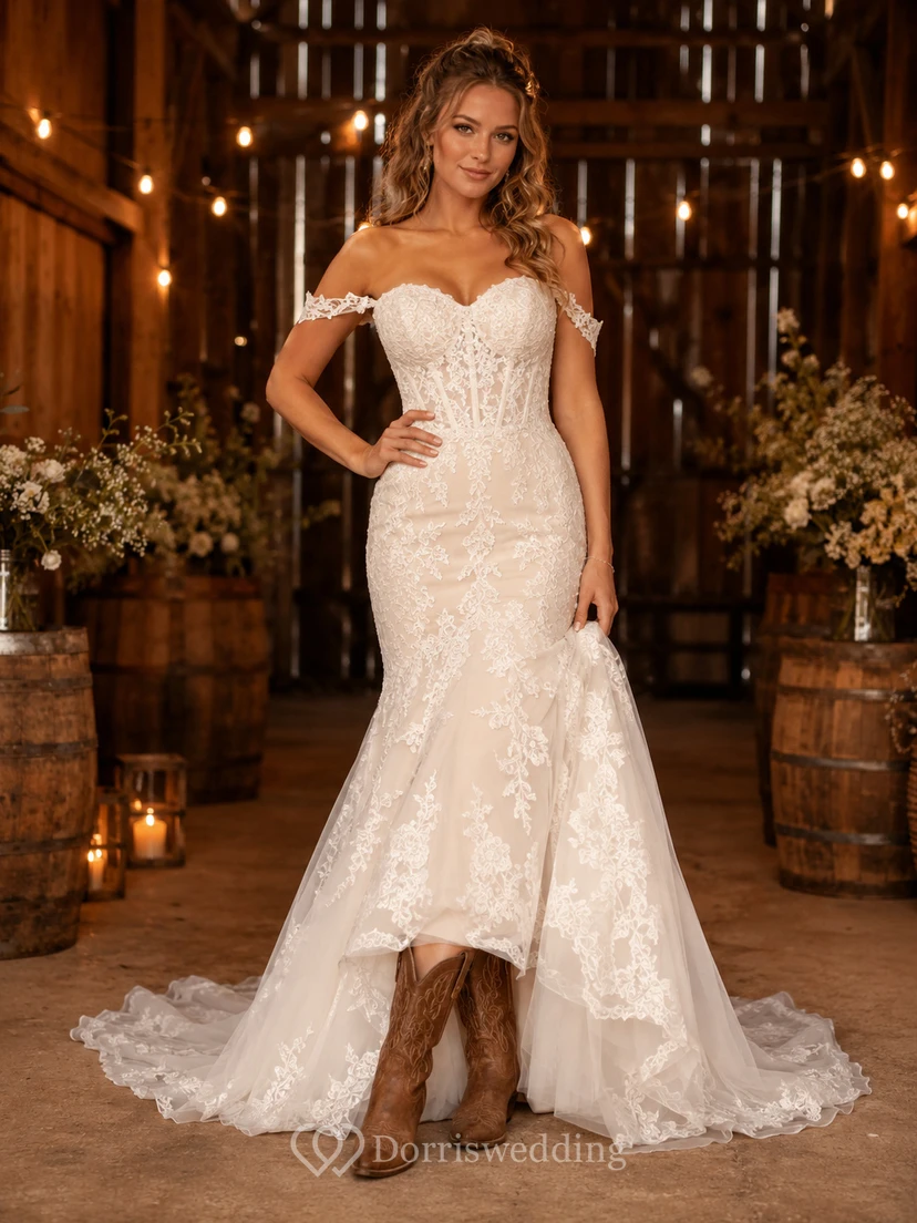 Robe de mariée de maternité en dentelle et tulle, col V, manches courtes et traîne champêtre