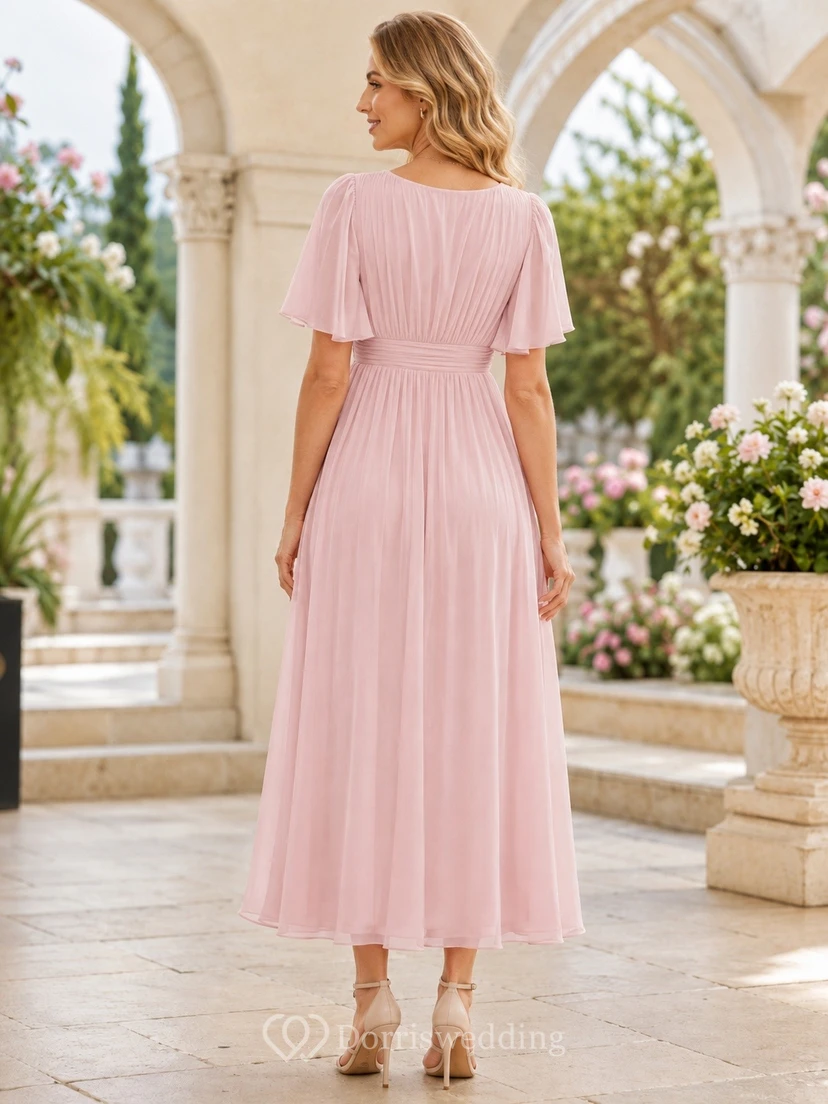 Romantisches Kleid aus Chiffon in Empire-Rosé mit V-Ausschnitt, flatternden Ärmeln und Knöchellänge view 2