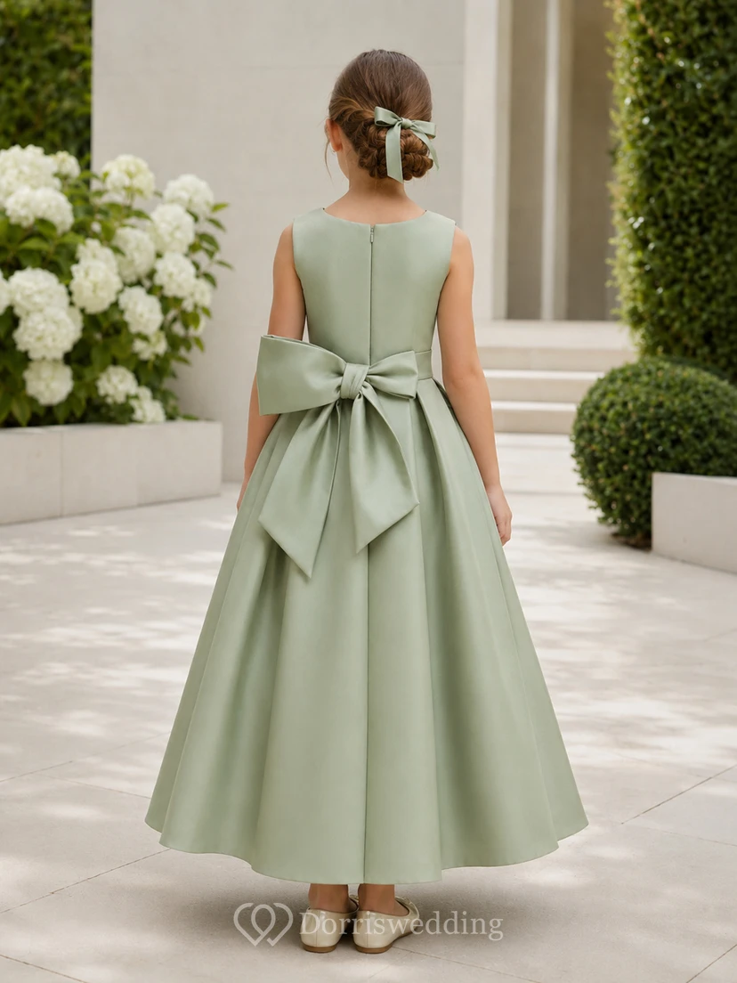 Robe de demoiselle d'honneur sans manches en satin sauge, coupe trapèze, encolure bijou et jupe mi-longue ornée d'un nœud. view 2