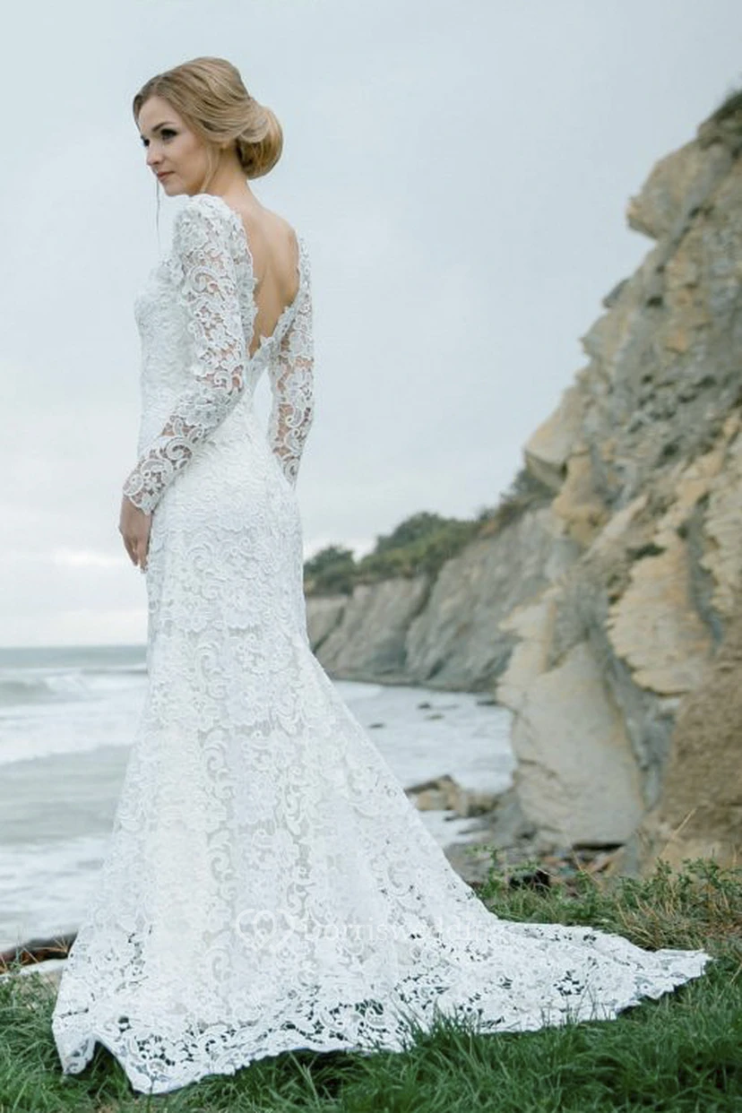 Elegantes, langärmeliges Brautkleid aus Spitze mit U-Boot-Ausschnitt und Meerjungfrauen-Finish sowie V-Ausschnitt am Rücken view 6