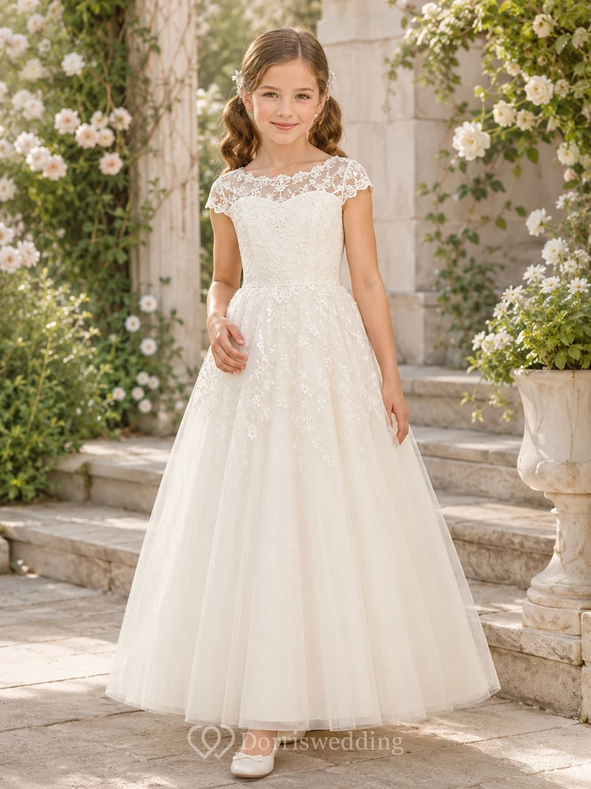 Weißes Pailletten-Spitzen-Tüll-Kleid mit Illusion-Ausschnitt, Spitzenkappenärmeln und Paillettenbesatz, bodenlang, Kommunionskleid für Blumenmädchen