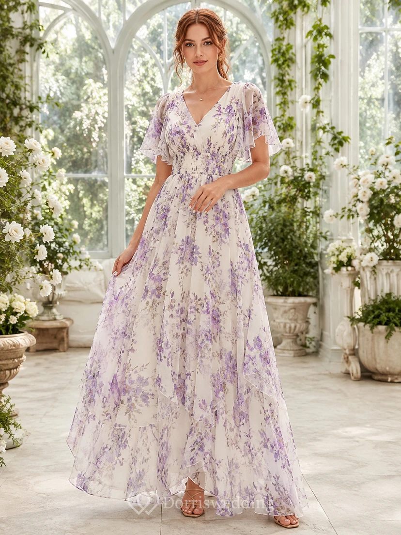 Lilac Floral Flutter Sleeve Garden Guest Maxi Dress