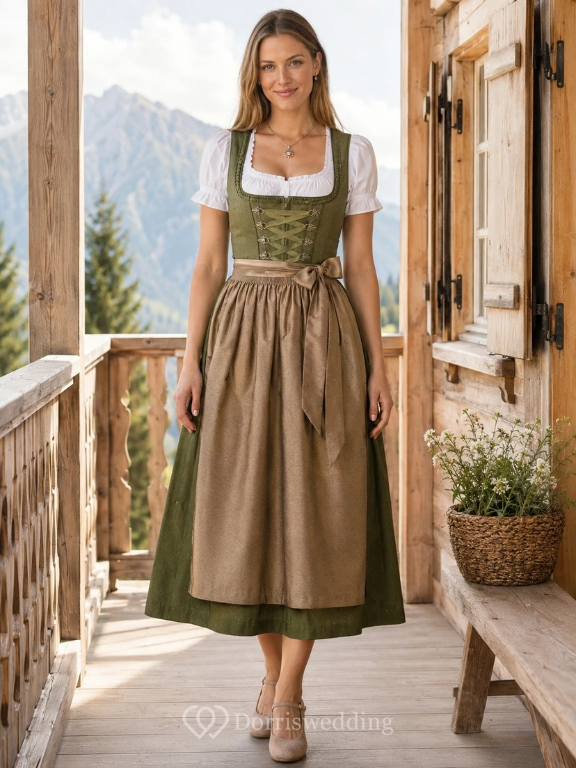 Country Vintage Dirndlkleid mit eckigem Ausschnitt, olivgrün, Teelänge, A-Linie