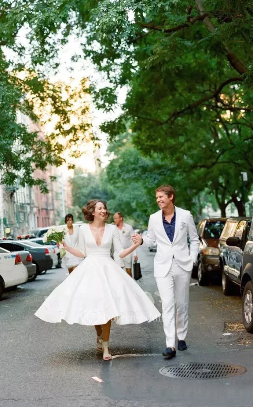 Plunged Satin Tea-length Half Sleeve Wedding Dress view 4
