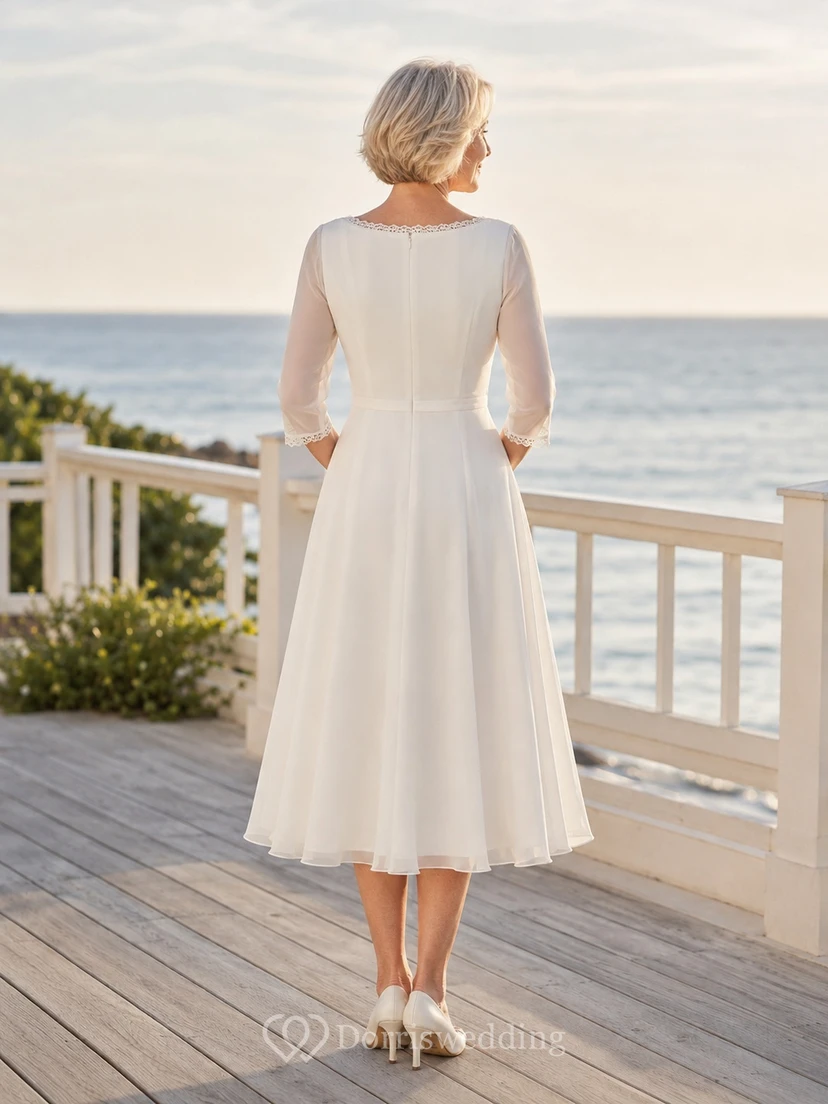 Preiswertes, schlichtes, lässiges Brautkleid mit U-Boot-Ausschnitt, Dreiviertelärmeln, A-Linie und Teelänge view 2