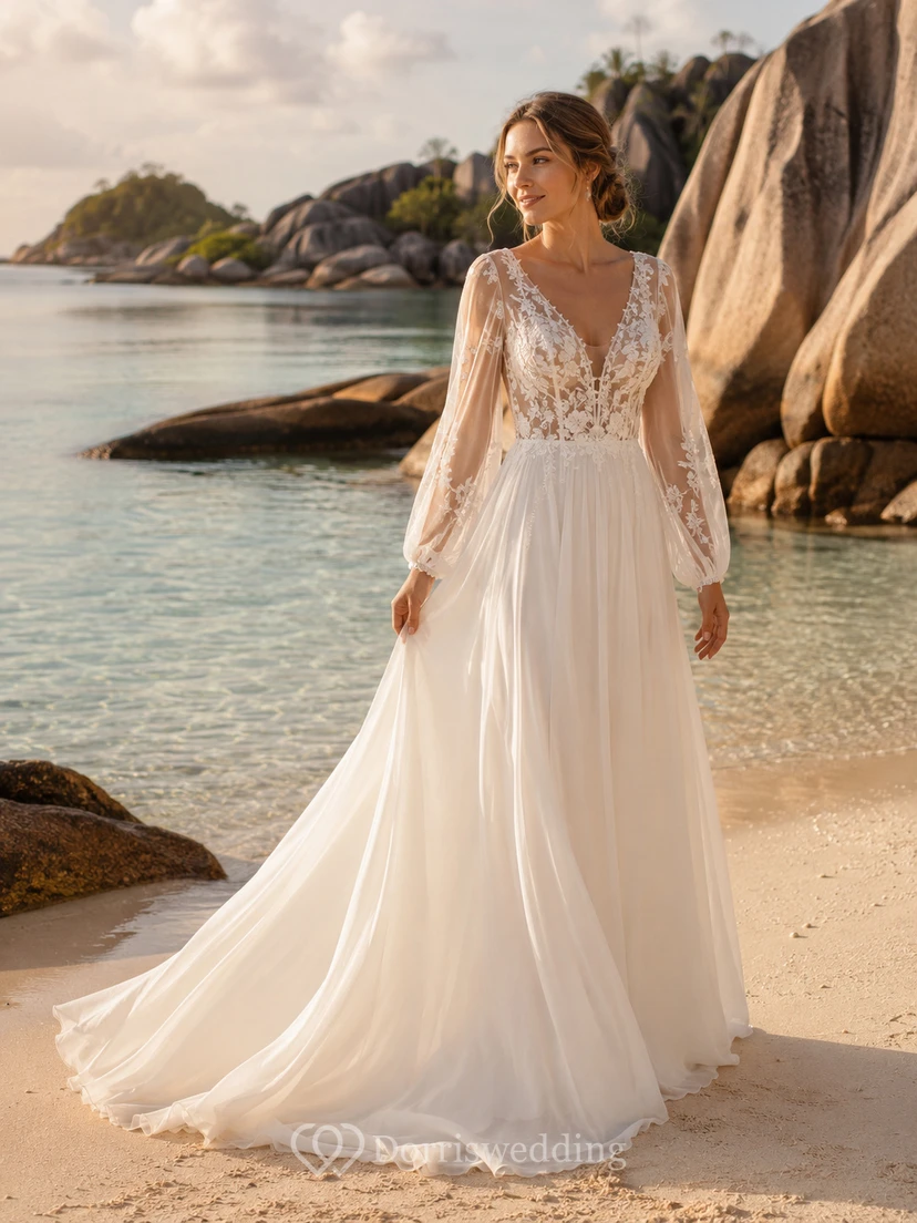 Robe de mariée bohème en mousseline à décolleté plongeant et manches bouffantes longues, coupe trapèze, idéale pour une escapade à la plage