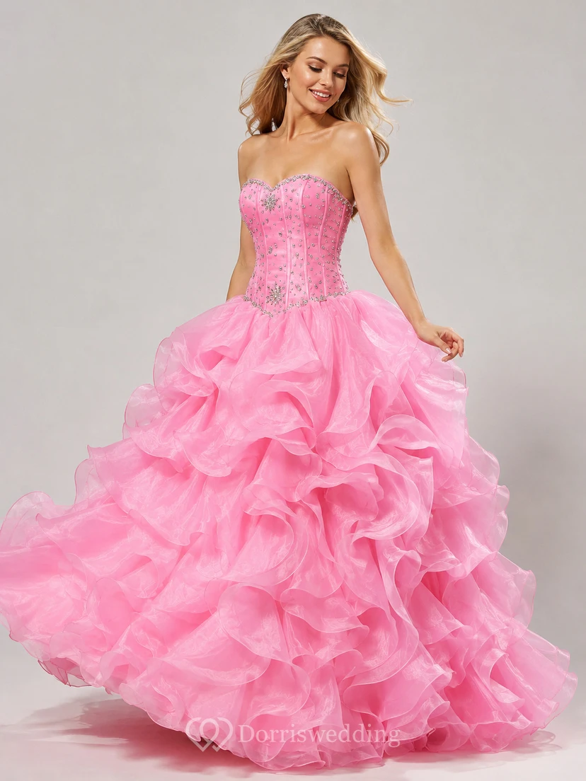 Vestido de gala largo hasta el suelo, escote corazón, sin mangas, volantes, lentejuelas y organza view 3