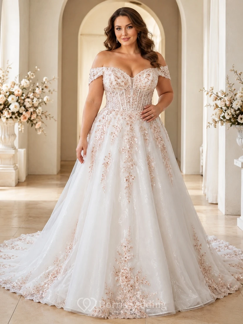 Roségoldenes, bodenlanges Brautkleid in A-Linie in Übergröße mit schulterfreiem Schnitt, kurzen Ärmeln und kurzem Rock.