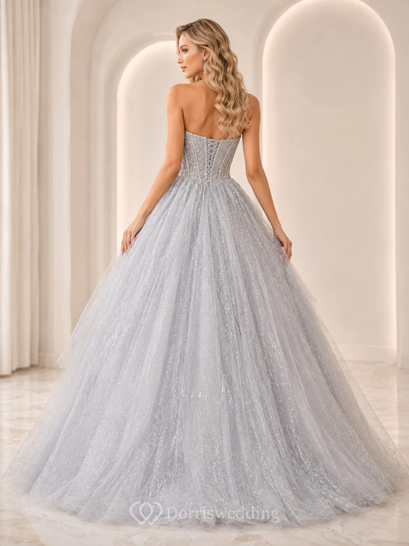 Starlight Palace Silver Ball Gown Floor-Length Strapless Sleeveless Tulle Luxury Prom Dress view 2