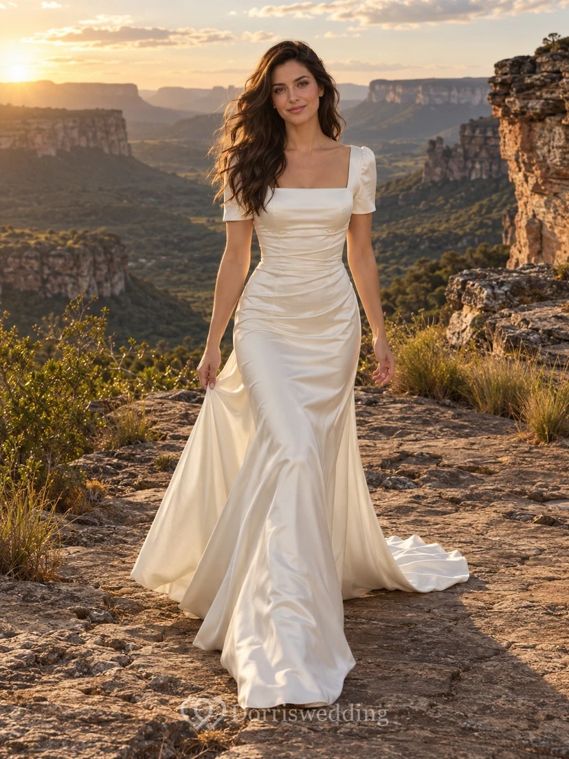 Meerjungfrauen-Brautkleid aus Charmeuse mit eckigem Ausschnitt, kurzen Ärmeln, gerafftem Oberteil und Schleppe