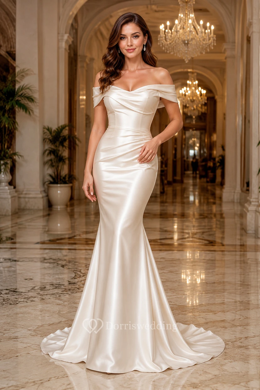 Robe de mariée sirène en satin à épaules dénudées et décolleté en cœur