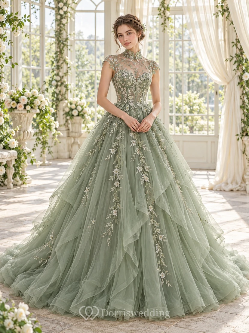 Sage Green High Neck Cap Sleeve Layered Tulle Wedding Dress