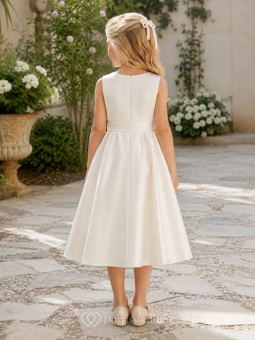 A-Line Flowergirl Satin Tea-Length Sleeveless Minimalist Garden Wedding Dress with Natural Waist view 2