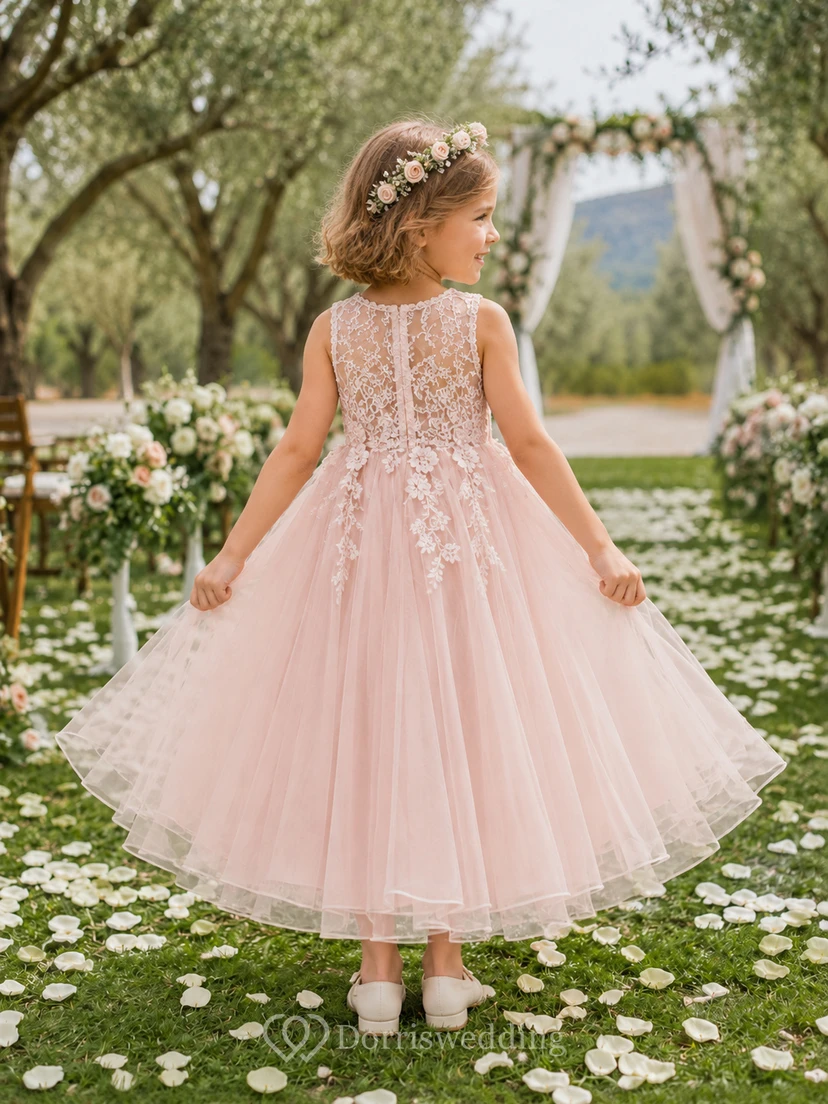 Romantic Blush Boho Lace Flower Girl Dress with Sleeveless Tulle A-Line, Floral Lace Bodice, Natural Waist, and Long Skirt view 2