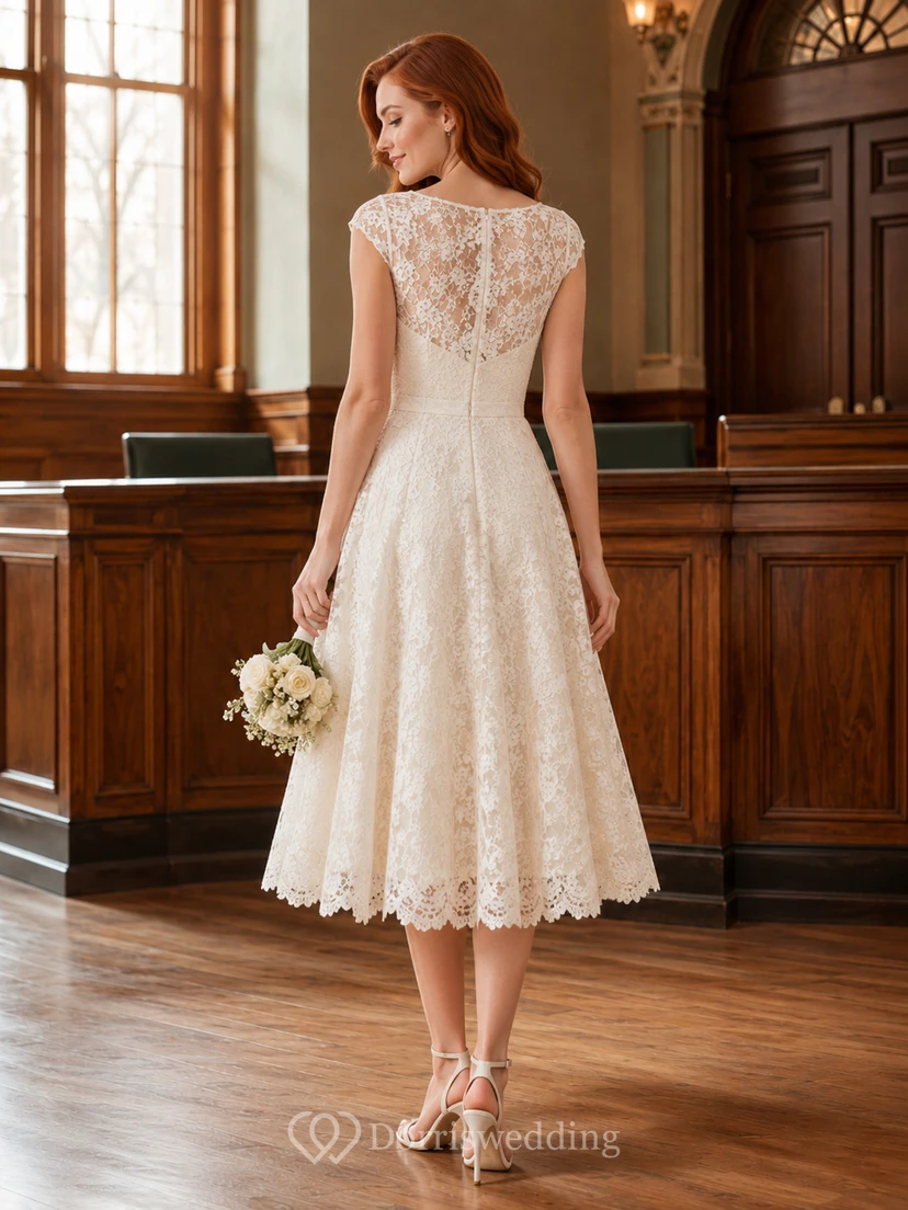 Vestido de novia vintage de encaje, corte en A, cuello joya, mangas cortas, largo midi. view 2