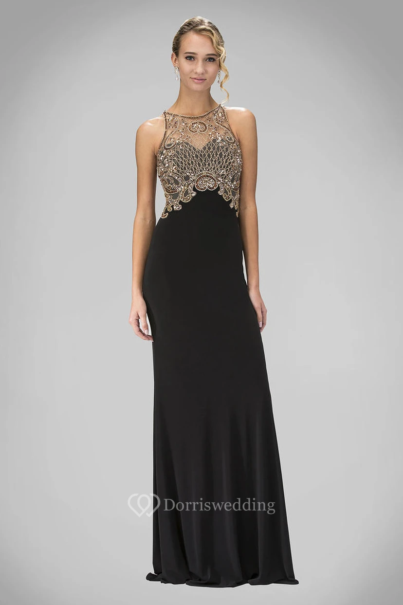 Sheath Long Scoop-Neck Sleeveless Jersey Illusion Dress With Beading