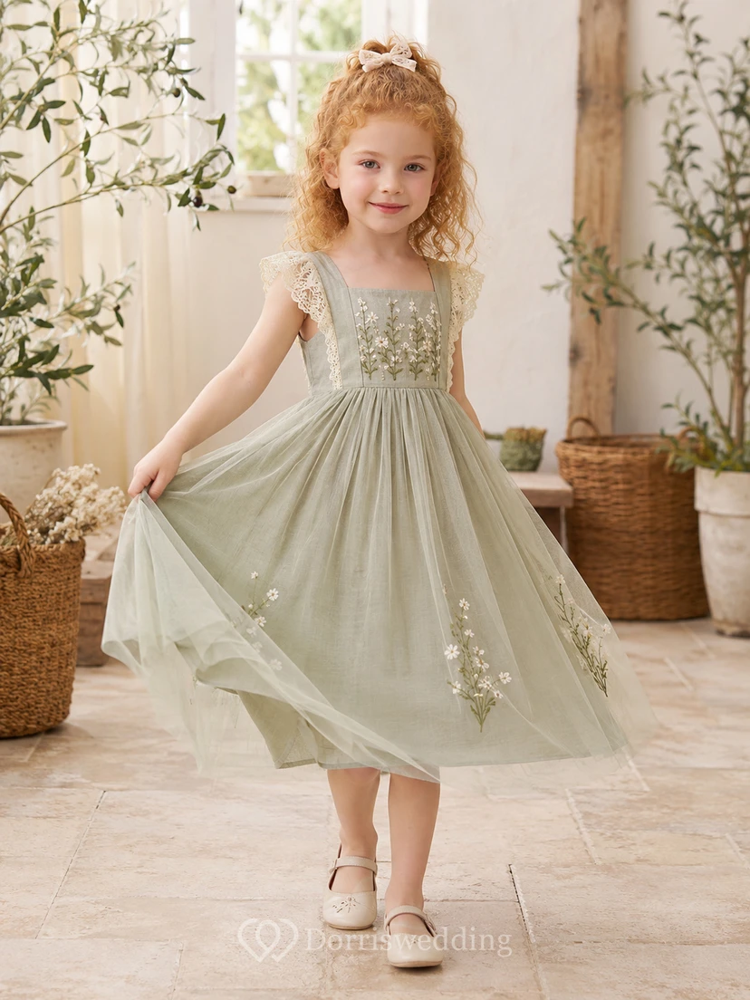 Robe Sage Flower Girl Trap en tulle et dentelle, col carré, sans manches, à fleurs, longueur thé