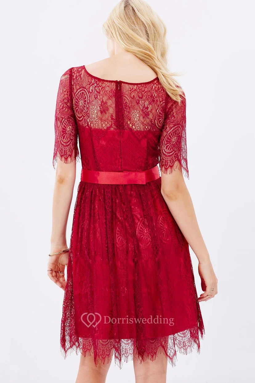 Mini Half Sleeve Scoop Neck Ribboned Lace Bridesmaid Dress view 2