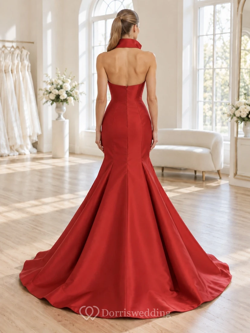 Red Satin Wedding Halter-Neck Sleeveless Folded-Collar Floor-Length Trumpet Bridal Gown view 2