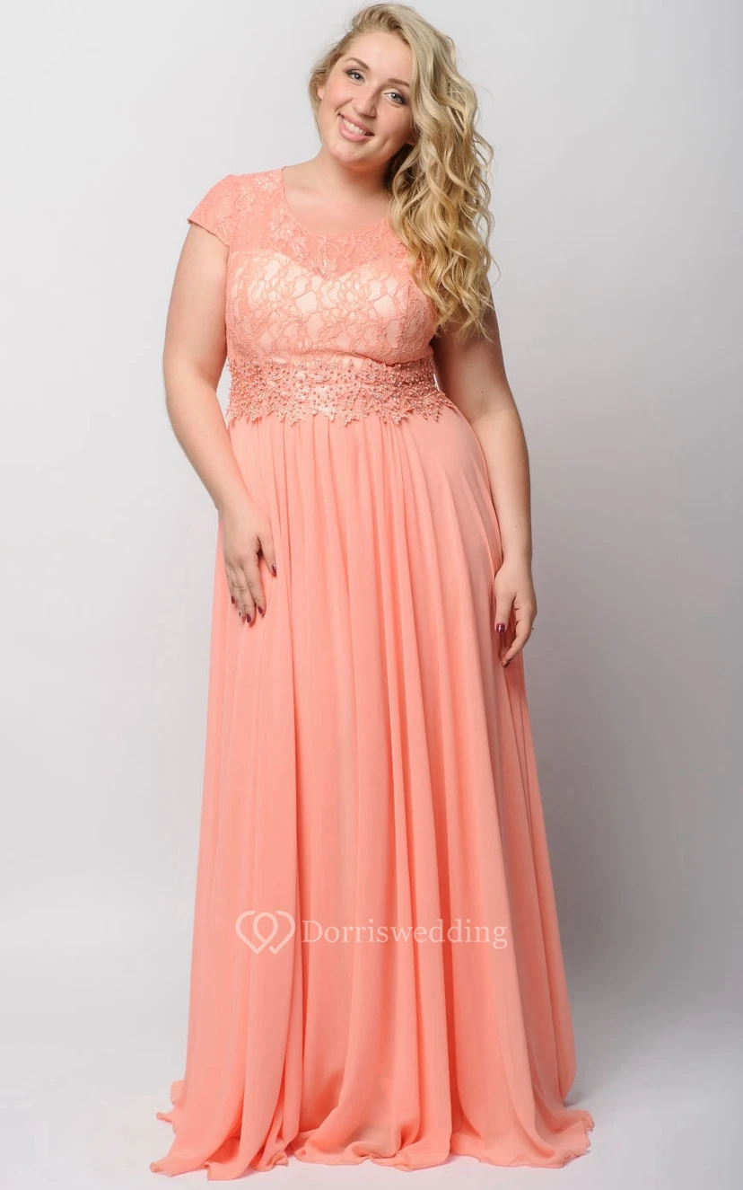 Vestido Imperio Bateau de manga corta con apliques de gasa estilo ilusión