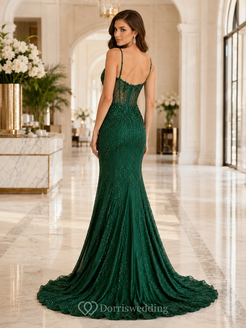 Emerald Lace Applique Spaghetti High Slit Mermaid Prom Dress view 2