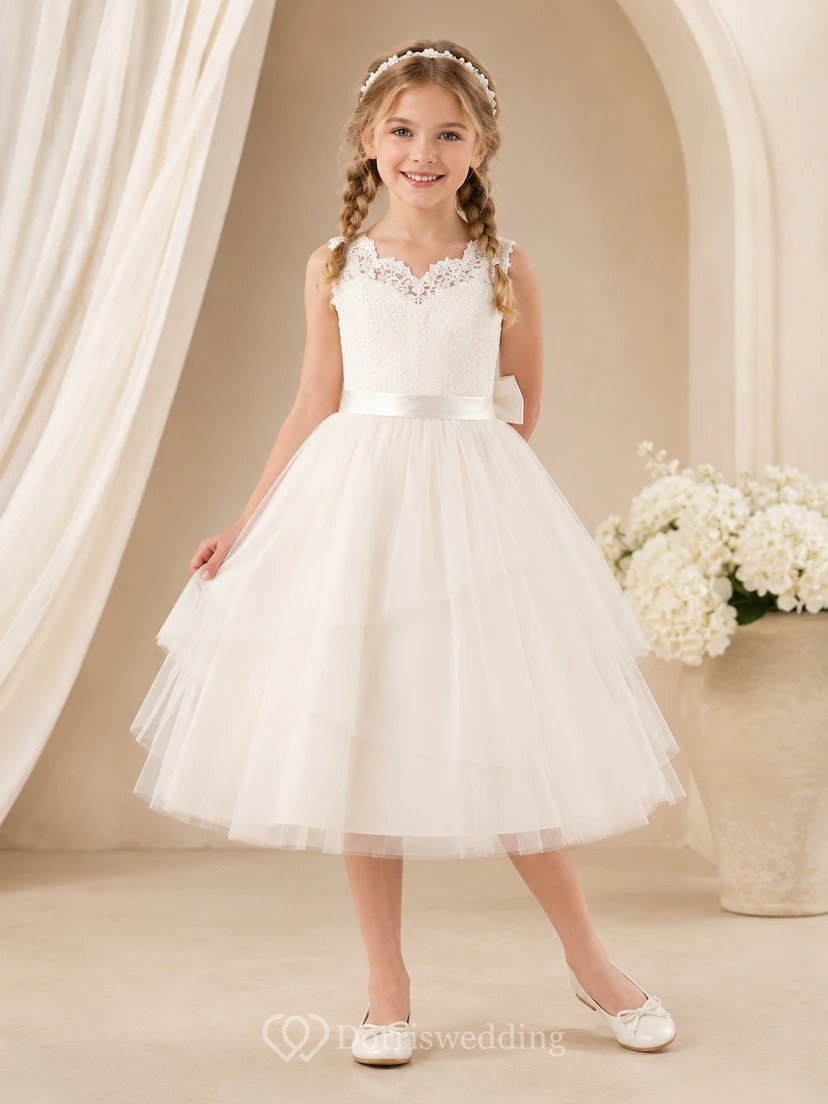 Vestido de comunión de tul sin mangas con encaje festoneado, largo hasta la rodilla, para niña de las flores.