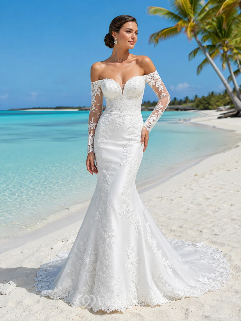 Robe de mariée sirène en dentelle à épaules dénudées et manches illusion, style bord de mer