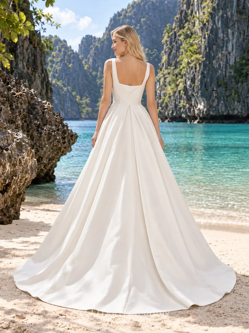Einfaches Brautkleid aus Satin mit eckigem Ausschnitt, breiten Trägern und A-Linien-Form view 2