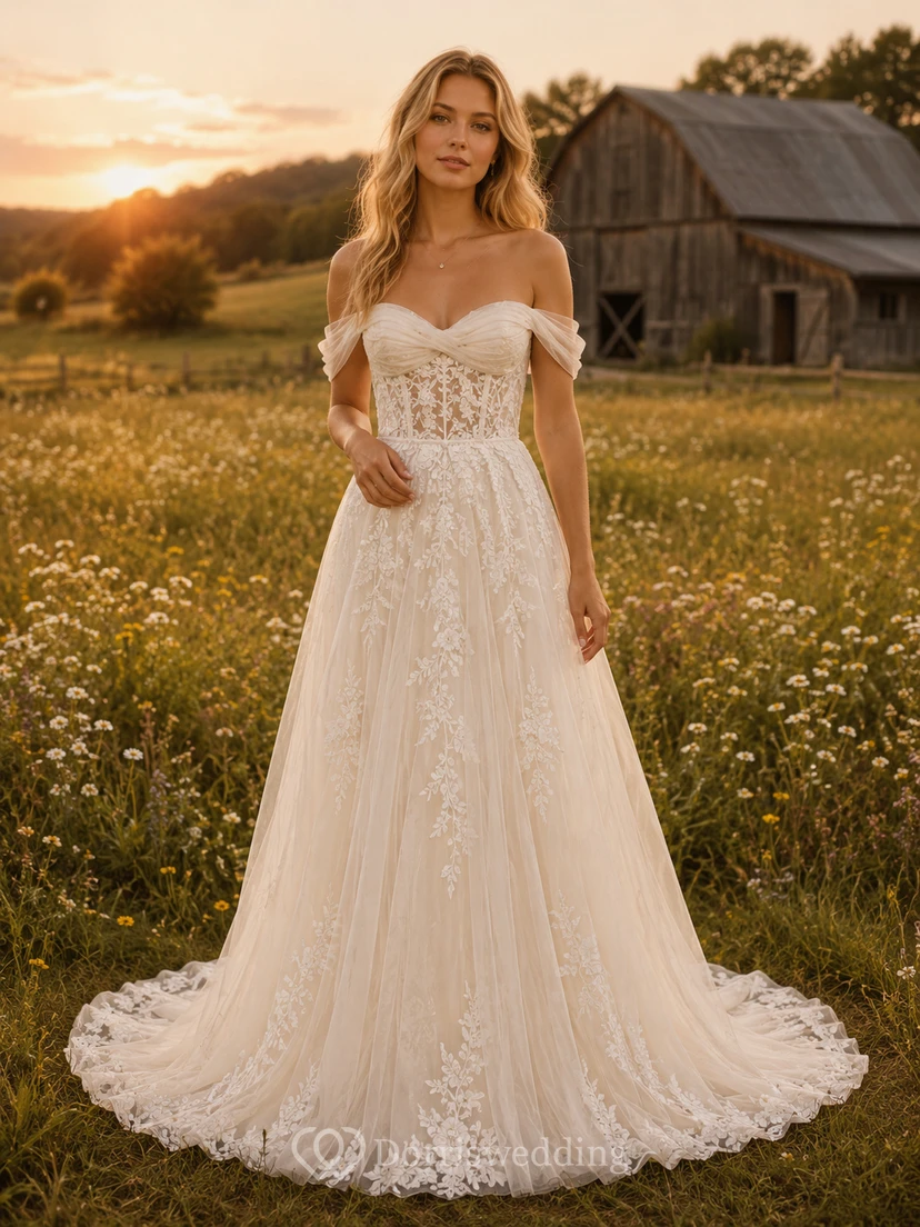 Vestido de novia de tul y encaje campestre, corte en A, escote en V, sin mangas, cola de capilla, espalda baja en V.