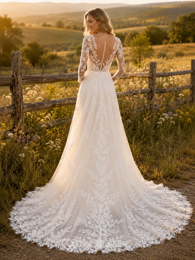 Robe de mariée champêtre en tulle et dentelle, coupe trapèze, épaules dénudées, traîne chapelle et dos corset lacé fendu view 2